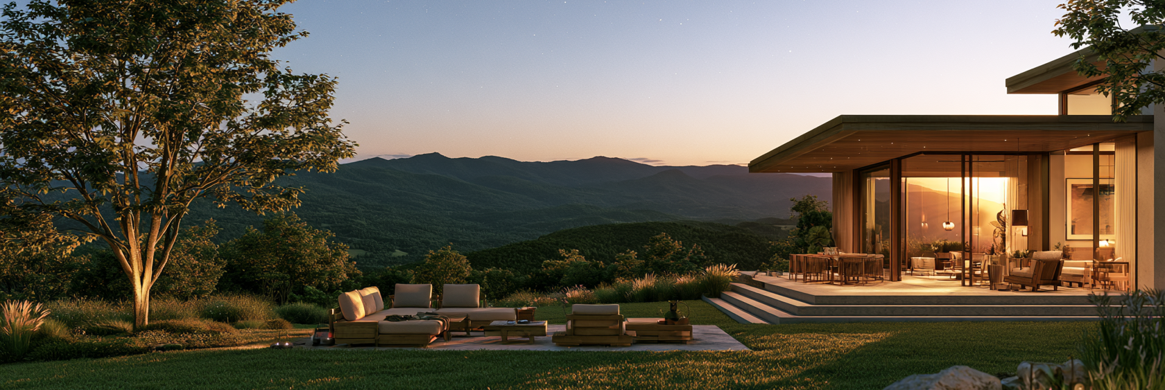 A Vermont home at dusk, lit by fixtures from our showroom