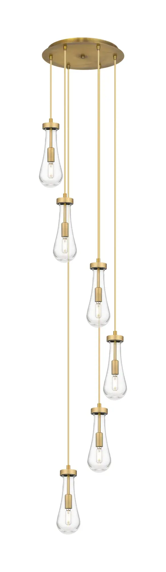The organic teardrop shape of the Owego pendant is artfully hung from a tiered metal frame that is complemented by a single filament bulb.  These pendants look great as individual fixtures but make a grand statement when paired with our multi-port hanging system as part of our custom cord program.