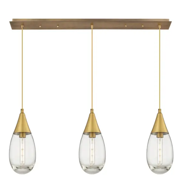 The Malone Pendant is a modern design for the traditional teardrop form.  The large fixture presents a beautiful silhouette with a cone inspired metal base opening up to reveal a single bulb encased in classic drop shaped heavy glass.