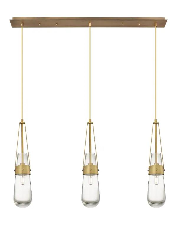 The Milan pendant reinvents the teardrop form with contemporary shapes and modern metal accents. The heavy glass bulb is held in place by a metal band with heavily detailed screws.  Suspended from a tapered frame and featuring a single filament bulb, the Milan pendant creates a dramatic silhouette.