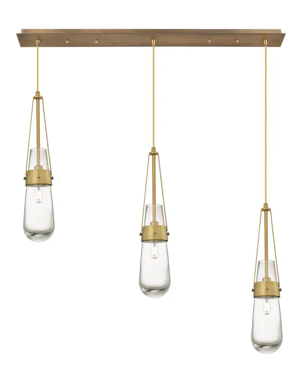 The Milan pendant reinvents the teardrop form with contemporary shapes and modern metal accents. The heavy glass bulb is held in place by a metal band with heavily detailed screws. Suspended from a tapered frame and featuring a single filament bulb, the Milan pendant creates a dramatic silhouette. - alternate view