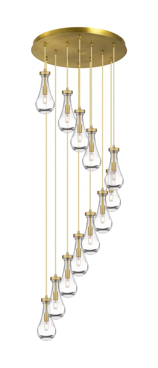 The organic teardrop shape of the Owego pendant is artfully hung from a tiered metal frame that is complemented by a single filament bulb. These pendants look great as individual fixtures but make a grand statement when paired with our multi-port hanging system as part of our custom cord program. - alternate view