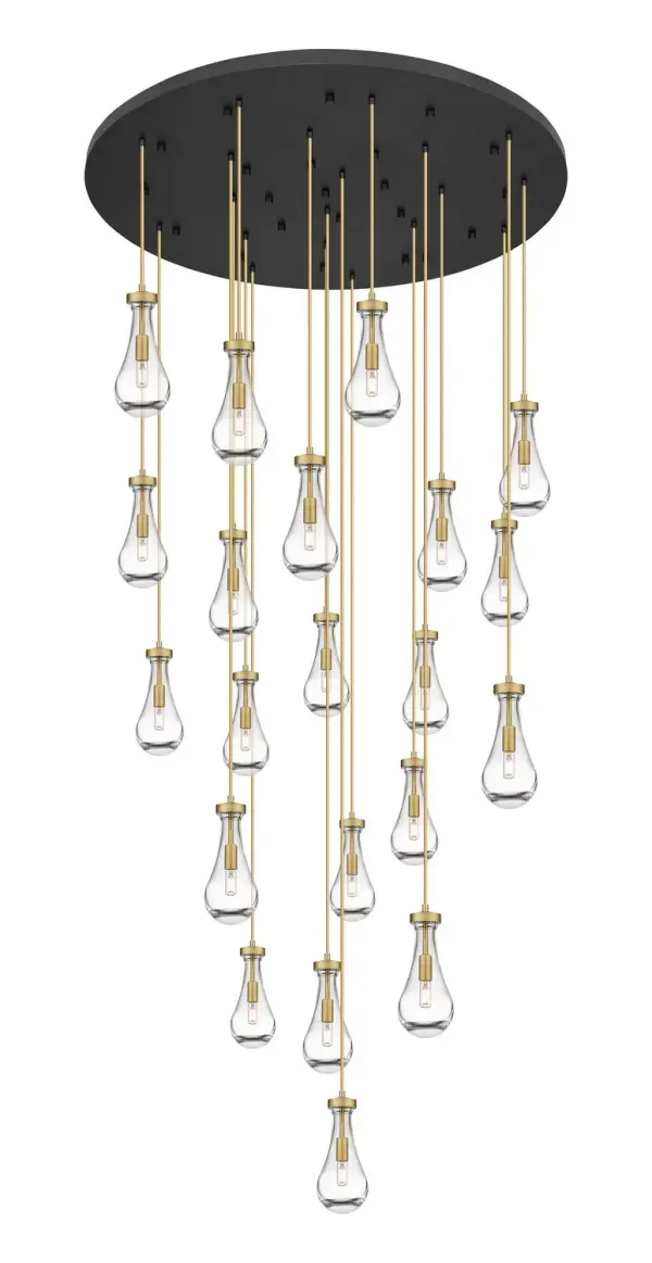 The organic teardrop shape of the Owego pendant is artfully hung from a tiered metal frame that is complemented by a single filament bulb. These pendants look great as individual fixtures but make a grand statement when paired with our multi-port hanging system as part of our custom cord program.
