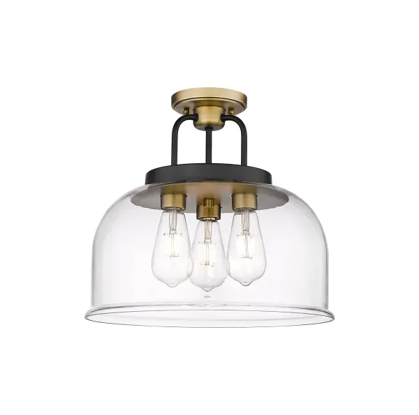 Kahana Collection semi-flush mounts are a transitional design in popular dual finish combinations.  The large, flared dome shaped glass shade is suspended from a finely detailed black metal frame and contrasting metal finish canopy.