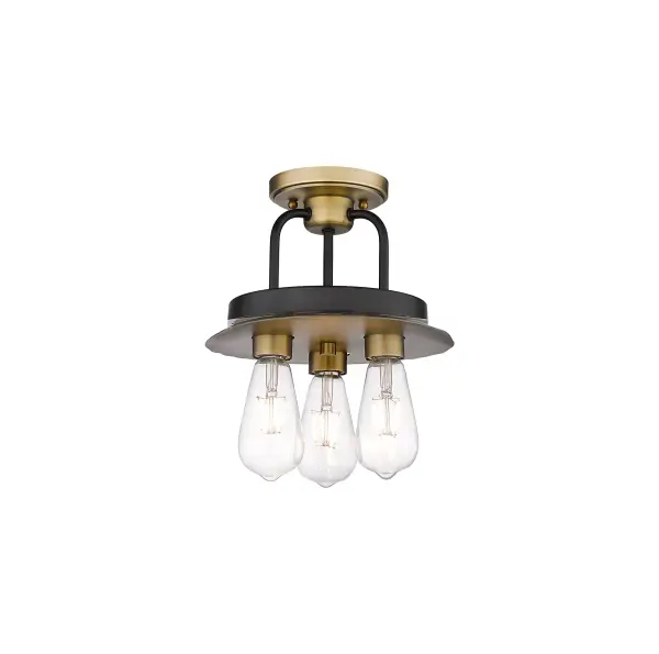 Kahana Collection semi-flush mounts are a transitional design in popular dual finish combinations.  The large, flared dome shaped glass shade is suspended from a finely detailed black metal frame and contrasting metal finish canopy.