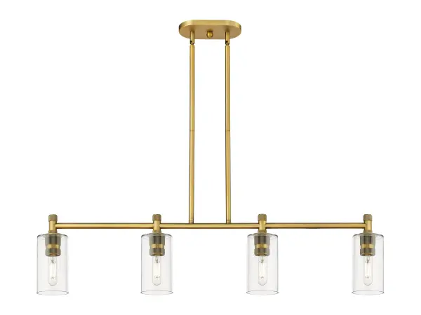 Details abound in the Crown Point Collection with an industrial take on modern sophistication. This stunning line of fixtures features cylindrical glass set in an updated restoration style frame with intricate knurling detail on the sockets, canopy, and finials.