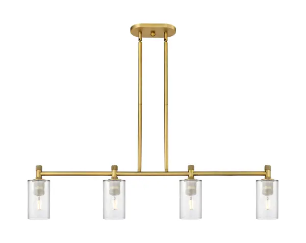 Details abound in the Crown Point Collection with an industrial take on modern sophistication. This stunning line of fixtures features cylindrical glass set in an updated restoration style frame with intricate knurling detail on the sockets, canopy, and finials.