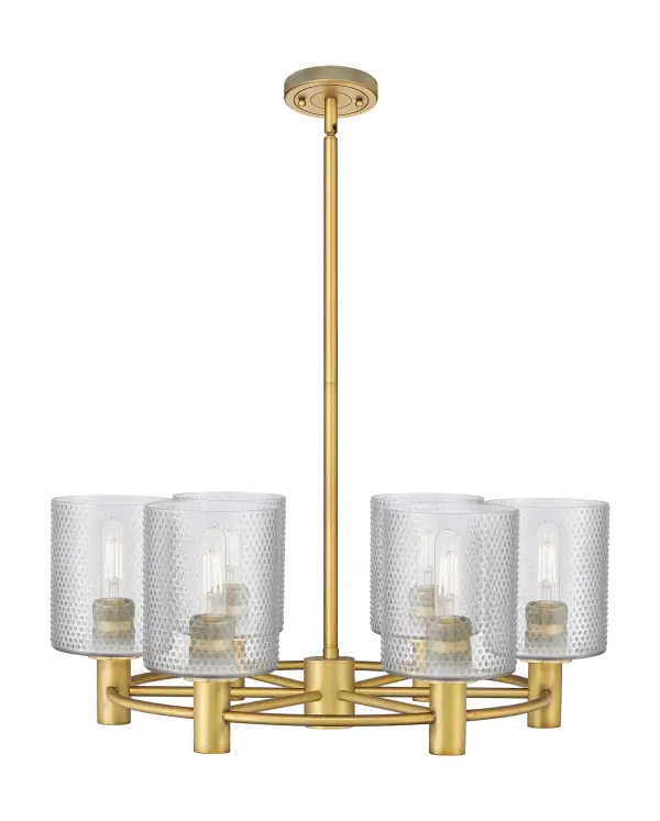 Details abound in the Crown Point Collection with an industrial take on modern sophistication. This stunning line of fixtures features cylindrical glass set in an updated restoration style frame with intricate knurling detail on the sockets, canopy, and finials.