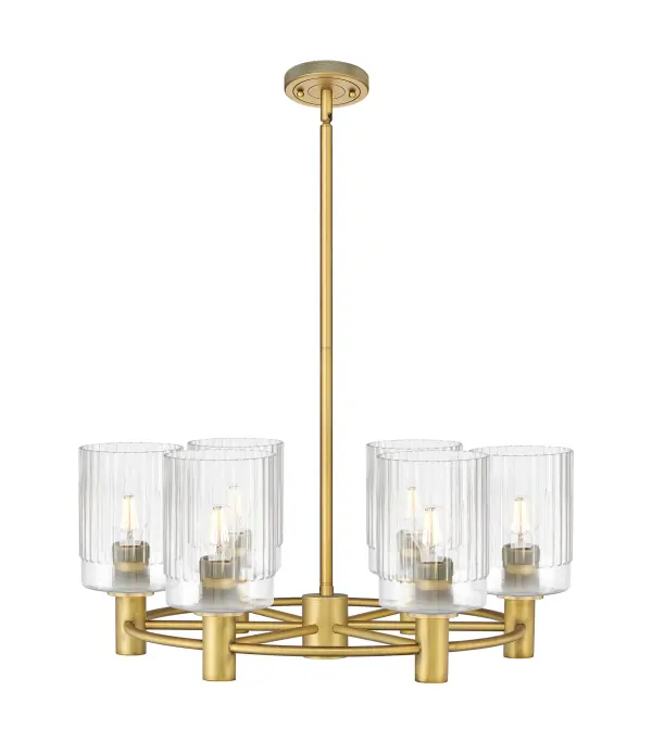 Details abound in the Crown Point Collection with an industrial take on modern sophistication. This stunning line of fixtures features cylindrical glass set in an updated restoration style frame with intricate knurling detail on the sockets, canopy, and finials.