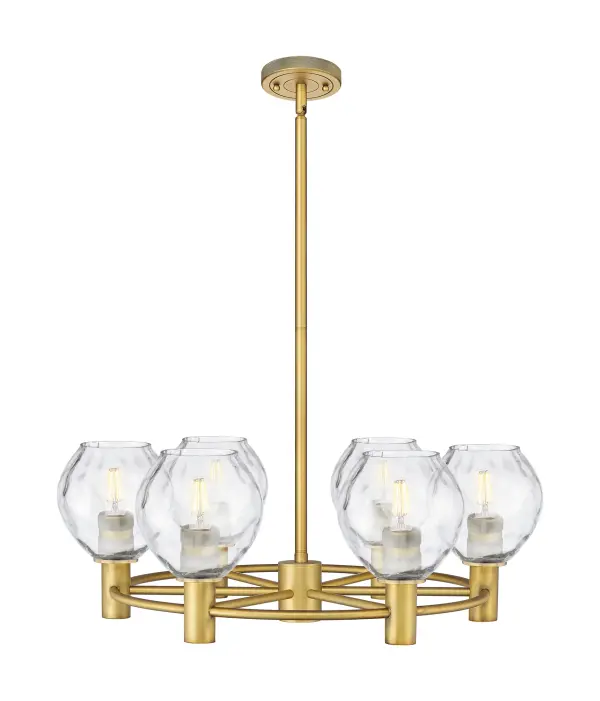 Details abound in the Crown Point Collection with an industrial take on modern sophistication. This stunning line of fixtures features cylindrical glass set in an updated restoration style frame with intricate knurling detail on the sockets, canopy, and finials.