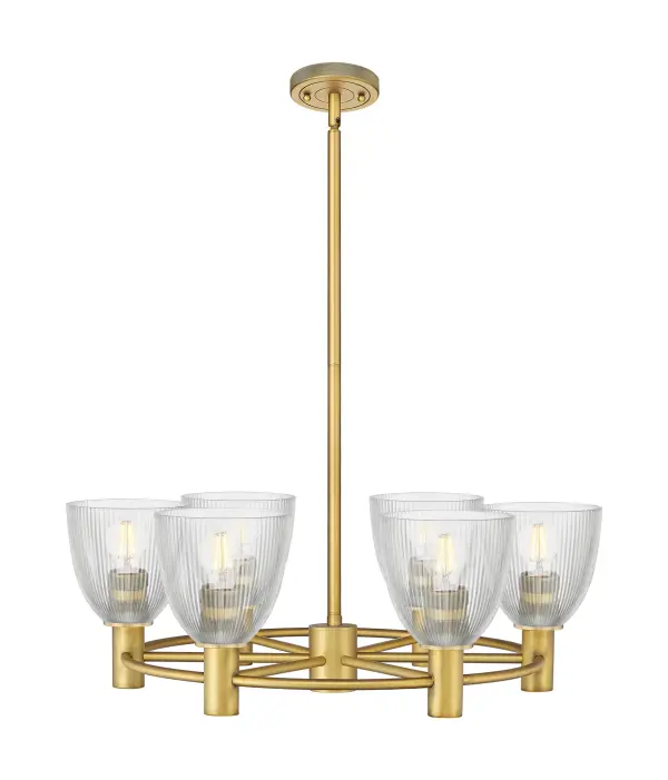 Details abound in the Crown Point Collection with an industrial take on modern sophistication. This stunning line of fixtures features cylindrical glass set in an updated restoration style frame with intricate knurling detail on the sockets, canopy, and finials.