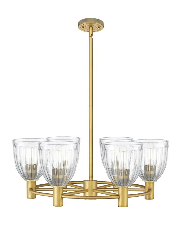 Details abound in the Crown Point Collection with an industrial take on modern sophistication. This stunning line of fixtures features cylindrical glass set in an updated restoration style frame with intricate knurling detail on the sockets, canopy, and finials.