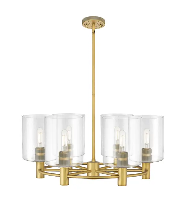 Details abound in the Crown Point Collection with an industrial take on modern sophistication. This stunning line of fixtures features cylindrical glass set in an updated restoration style frame with intricate knurling detail on the sockets, canopy, and finials.