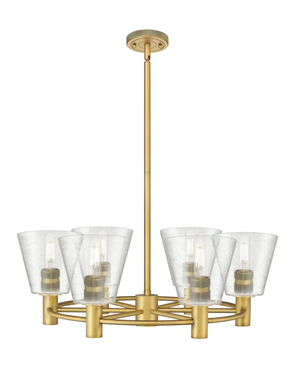 Details abound in the Crown Point Collection with an industrial take on modern sophistication. This stunning line of fixtures features cylindrical glass set in an updated restoration style frame with intricate knurling detail on the sockets, canopy, and finials.