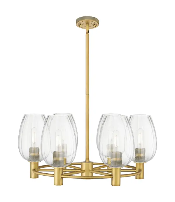 Details abound in the Crown Point Collection with an industrial take on modern sophistication. This stunning line of fixtures features cylindrical glass set in an updated restoration style frame with intricate knurling detail on the sockets, canopy, and finials.
