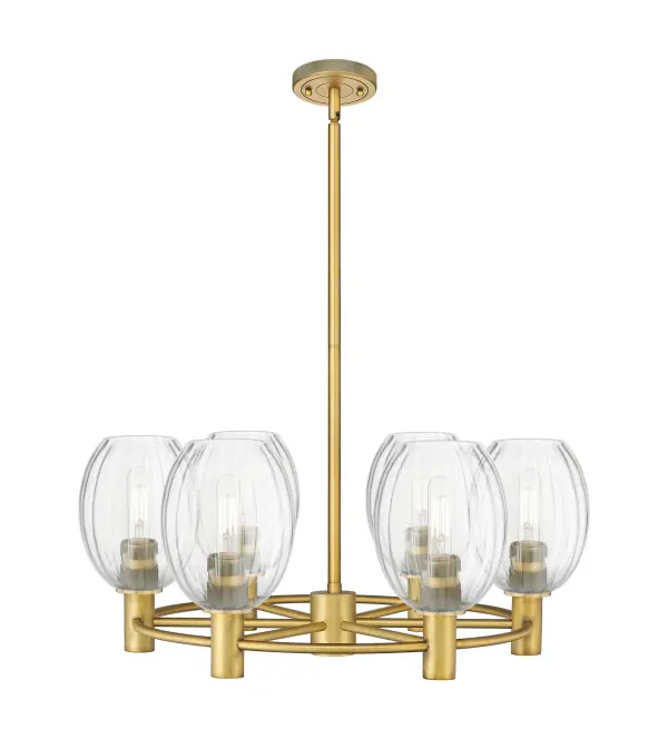 Details abound in the Crown Point Collection with an industrial take on modern sophistication. This stunning line of fixtures features cylindrical glass set in an updated restoration style frame with intricate knurling detail on the sockets, canopy, and finials.