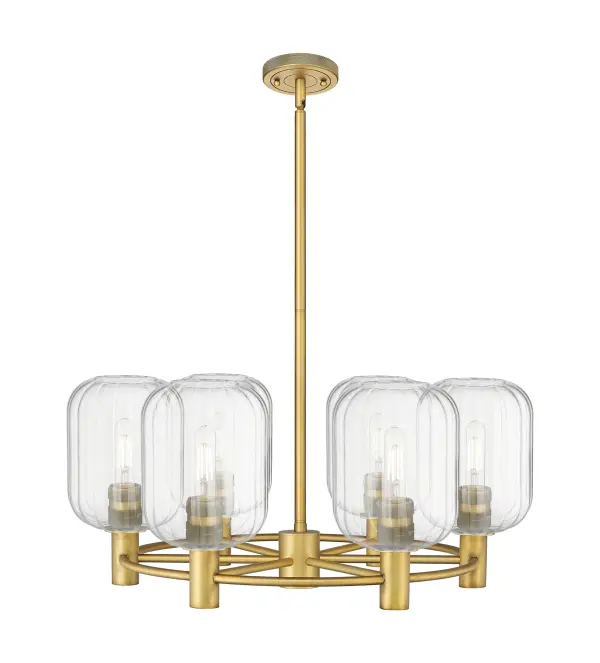 Details abound in the Crown Point Collection with an industrial take on modern sophistication. This stunning line of fixtures features cylindrical glass set in an updated restoration style frame with intricate knurling detail on the sockets, canopy, and finials.