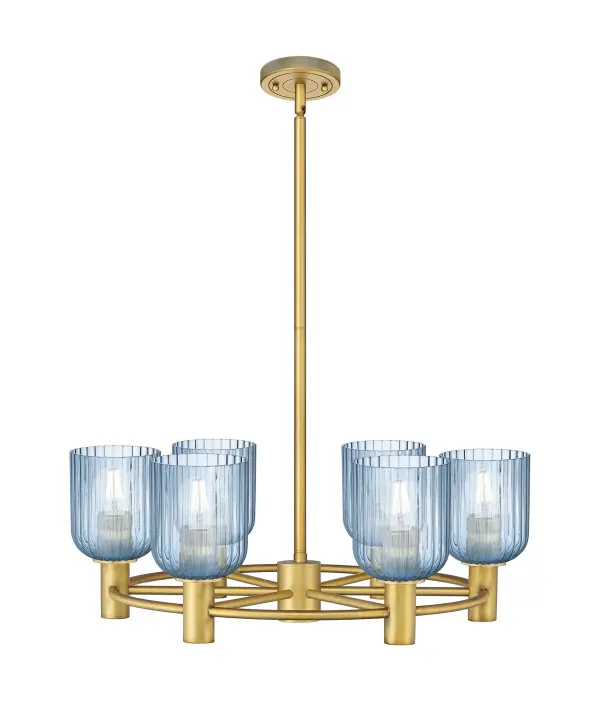 Details abound in the Crown Point Collection with an industrial take on modern sophistication. This stunning line of fixtures features cylindrical glass set in an updated restoration style frame with intricate knurling detail on the sockets, canopy, and finials.