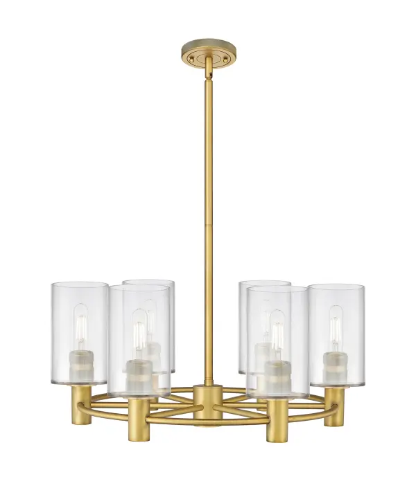 Details abound in the Crown Point Collection with an industrial take on modern sophistication. This stunning line of fixtures features cylindrical glass set in an updated restoration style frame with intricate knurling detail on the sockets, canopy, and finials.