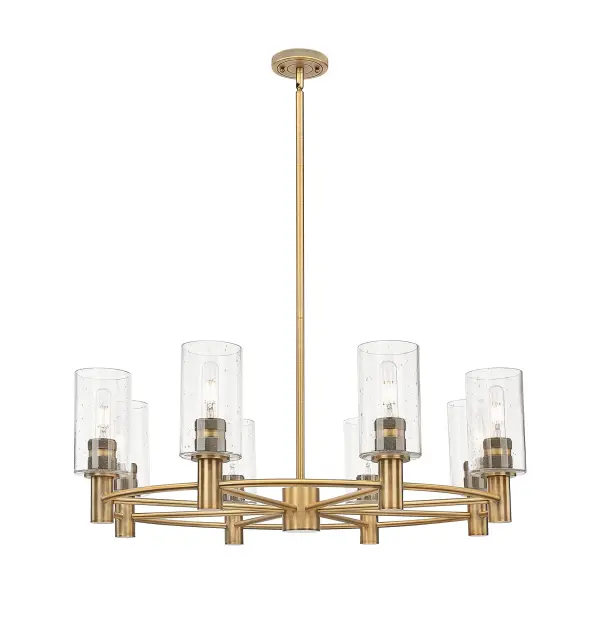 Details abound in the Crown Point Collection with an industrial take on modern sophistication. This stunning line of fixtures features cylindrical glass set in an updated restoration style frame with intricate knurling detail on the sockets, canopy, and finials.