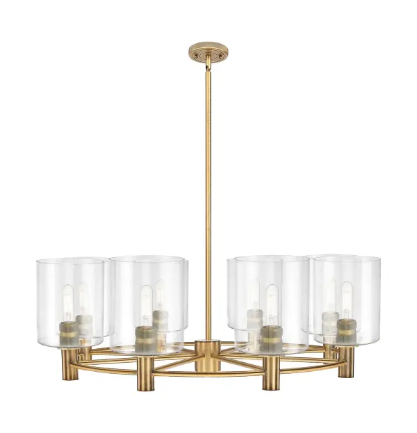 Details abound in the Crown Point Collection with an industrial take on modern sophistication. This stunning line of fixtures features cylindrical glass set in an updated restoration style frame with intricate knurling detail on the sockets, canopy, and finials.