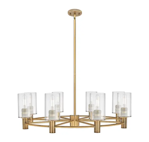Details abound in the Crown Point Collection with an industrial take on modern sophistication. This stunning line of fixtures features cylindrical glass set in an updated restoration style frame with intricate knurling detail on the sockets, canopy, and finials.