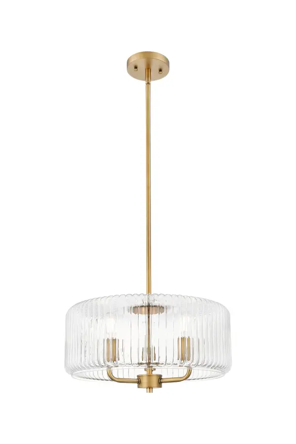 Featuring a ribbed, drum-shaped round glass pendant, this collection brings a touch of vintage allure with modern sensibility. The three lights are gracefully suspended from a central port by delicately curved arms, offering a soft glow that enhances the subtle texture of the ribbed detailing.
