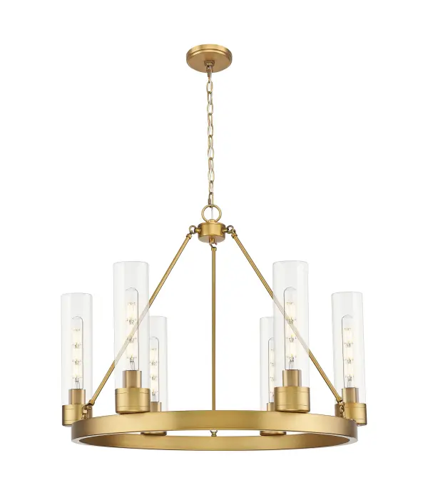 Details abound in the Boreas Collection with an industrial take on modern sophistication. This stunning line of fixtures features cylindrical glass set in an updated restoration style frame with intricate knurling detail on the sockets, canopy, and finials.