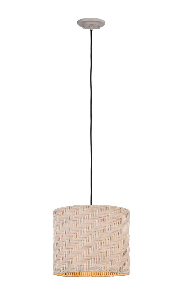 The cylindrical drum pendant showcases a highly detailed rattan weave in a light, natural finish. Its intricate design and modern silhouette offer a perfect blend of texture and style.