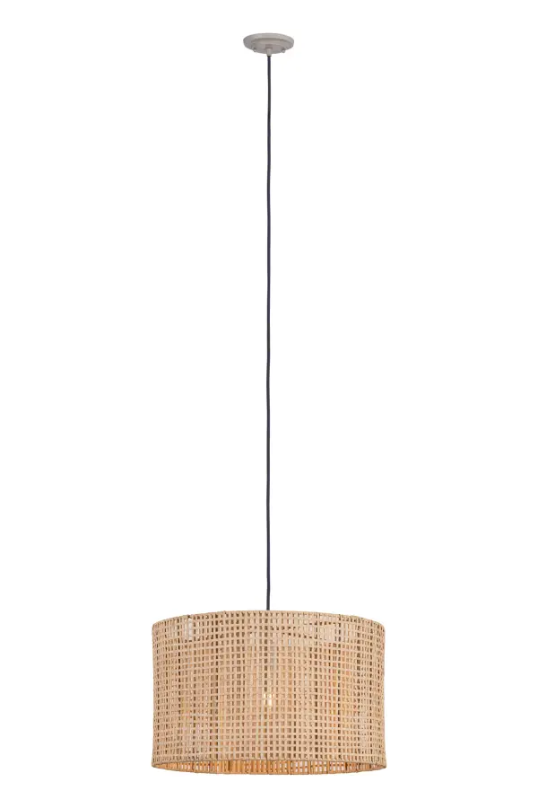 This modern drum pendant features a natural woven rattan shade, adding organic warmth to any space. Each piece is uniquely crafted with slight variations in the weave pattern, creating an individual statement of natural beauty.