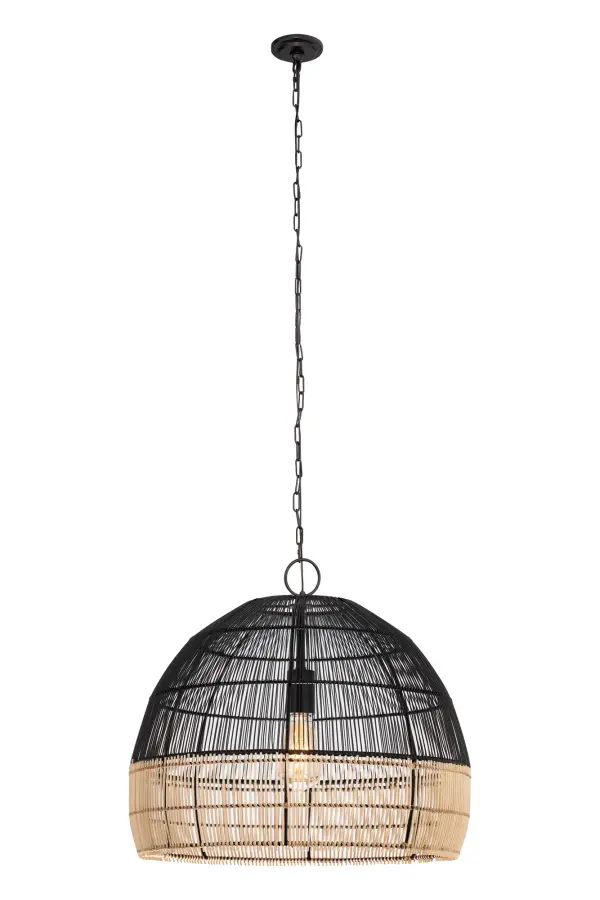 An open-frame, elongated spherical pendant in natural and black contrast, crafted to add sophistication and bold presence to any space.
