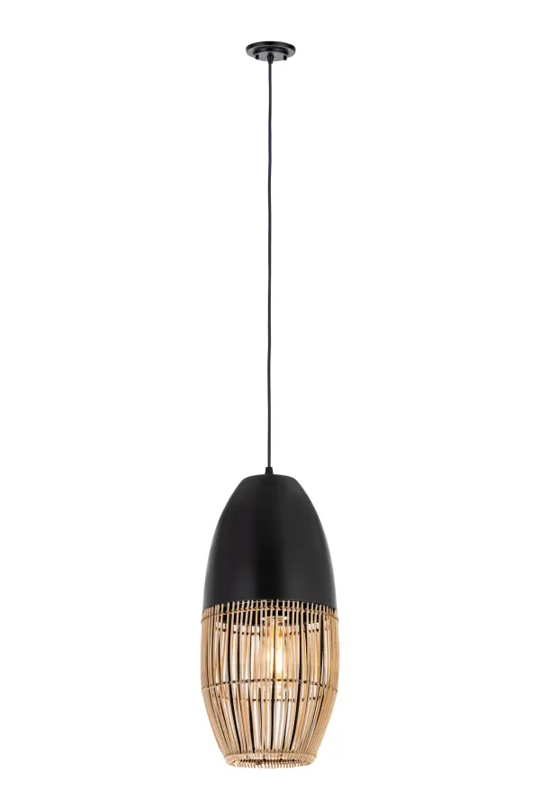 With soft lines and natural woven rattan, this cylindrical pendant is enhanced by contrasting black detail. It’s an understated yet stylish accent for modern spaces.
