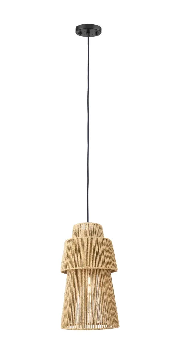 The Twilll features an open weave in natural fiber, this elongated double-tiered cone pendant exudes elegance and accentuates its unique shape.