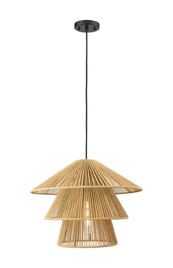 Inspired by traditional architecture and worldly design, this three-tier cone pendant made from natural rope brings cultural warmth and elegance to any setting.
