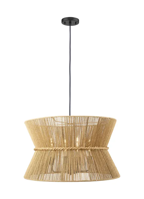 This drum pendant showcases a geometric silhouette with a sophisticated twist. The natural material is brought together with a refined rope band for an elevated look.