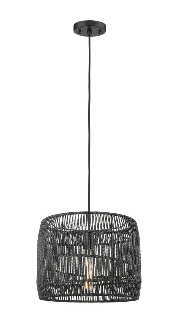 This drum-shaped pendant features a clean, open weave on a contrasting angled frame in black, balancing a modern design with natural materials.