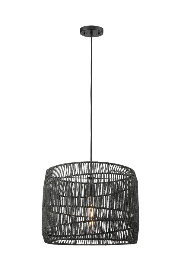 This drum-shaped pendant features a clean, open weave on a contrasting angled frame in black, balancing a modern design with natural materials.