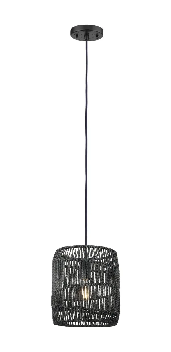 This drum-shaped pendant features a clean, open weave on a contrasting angled frame in black, balancing a modern design with natural materials.