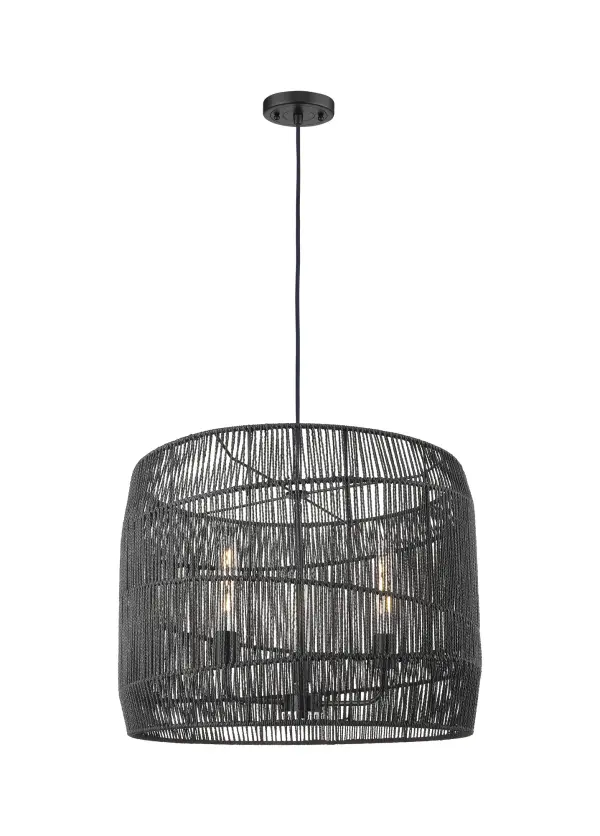 This drum-shaped pendant features a clean, open weave on a contrasting angled frame in black, balancing a modern design with natural materials.