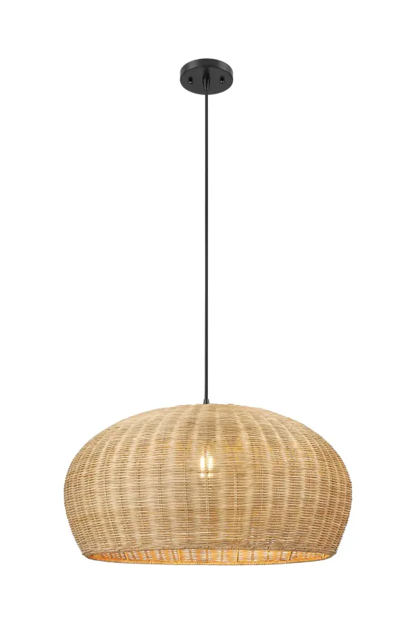 Featuring a traditional weave in natural rattan, this large dome-shaped pendant brings timeless elegance to any room. Its organic materials and generous size make it a standout piece.