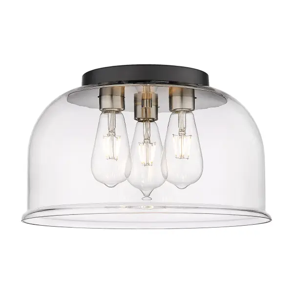 Kahana Collection semi-flush mounts are a transitional design in popular dual finish combinations. The large, flared dome shaped glass shade is suspended from a finely detailed black metal frame and contrasting metal finish canopy.
