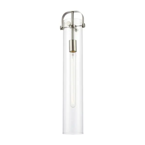 An elegant twist on industrial lighting, Pilaster boasts a metal frame with dramatic glass cylinders that are accentuated by machined metal fasteners. These fixtures are available with or without metal band detail in a complementary finish.