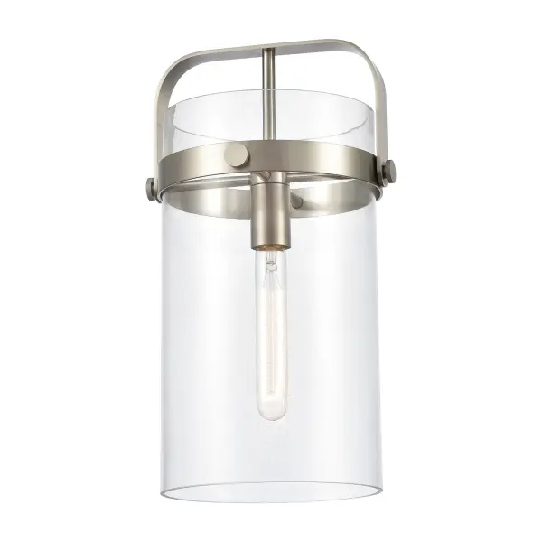 An elegant twist on industrial lighting, Pilaster boasts a metal frame with dramatic glass cylinders that are accentuated by machined metal fasteners. These fixtures are available with or without metal band detail in a complementary finish.