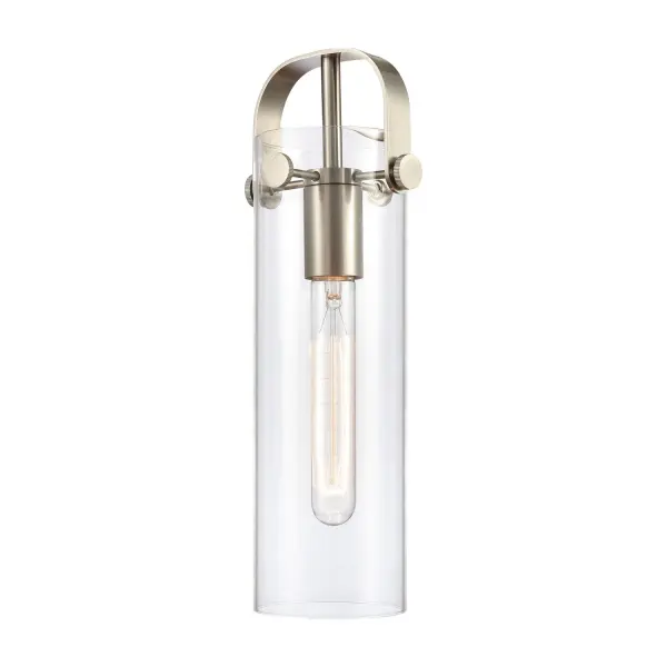 An elegant twist on industrial lighting, Pilaster boasts a metal frame with dramatic glass cylinders that are accentuated by machined metal fasteners. These fixtures are available with or without metal band detail in a complementary finish.