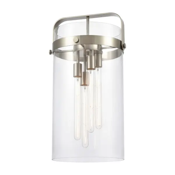 An elegant twist on industrial lighting, Pilaster boasts a metal frame with dramatic glass cylinders that are accentuated by machined metal fasteners. These fixtures are available with or without metal band detail in a complementary finish.
