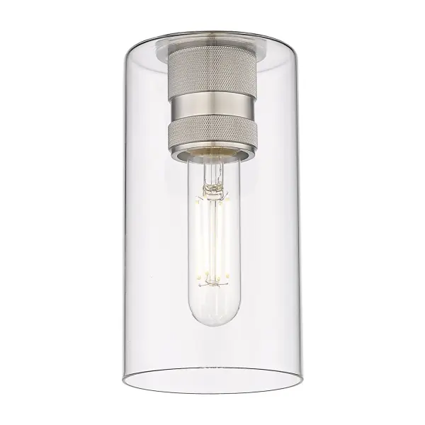 Details abound in the Crown Point Collection with an industrial take on modern sophistication. This stunning line of fixtures features cylindrical glass set in an updated restoration style frame with intricate knurling detail on the sockets, canopy, and finials.