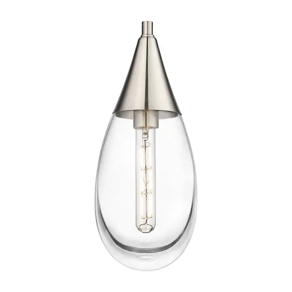 The Malone Pendant is a modern design for the traditional teardrop form. The large fixture presents a beautiful silhouette with a cone inspired metal base opening up to reveal a single bulb encased in classic drop shaped heavy glass.