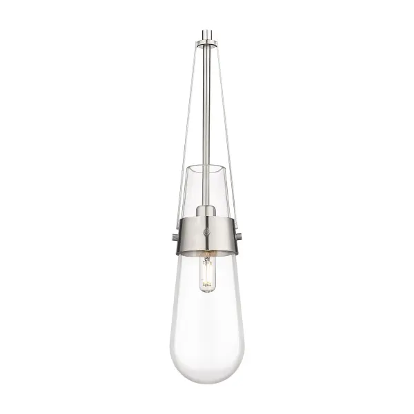 The Milan pendant reinvents the teardrop form with contemporary shapes and modern metal accents. The heavy glass bulb is held in place by a metal band with heavily detailed screws. Suspended from a tapered frame and featuring a single filament bulb, the Milan pendant creates a dramatic silhouette.
