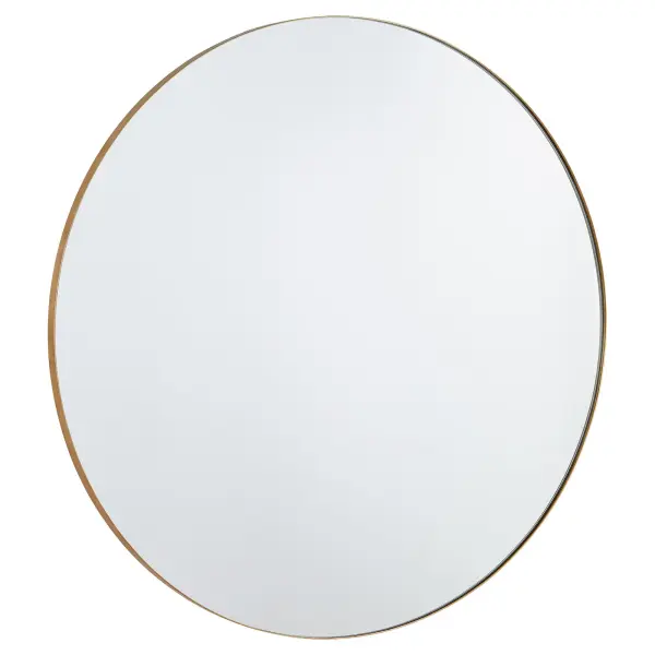 A clean and simple 42-inch round mirror with a gold finish that brings warmth and sophistication to any space. Its generous size makes it ideal for bathrooms, bedrooms, and entryways while maintaining a timeless aesthetic.
