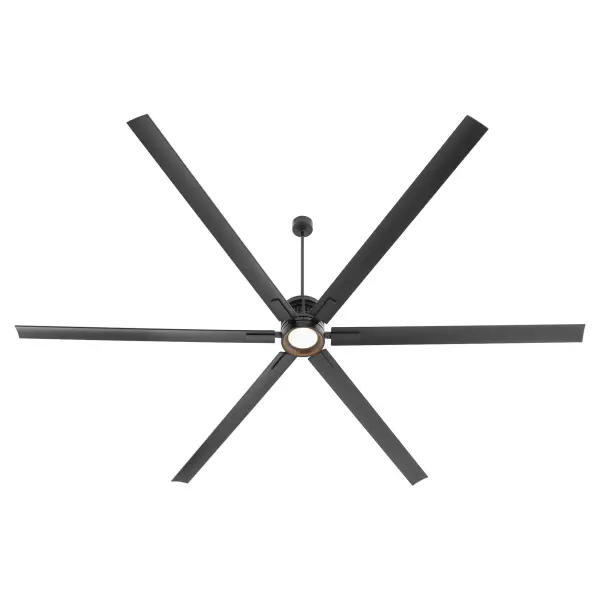 The Zeus 120" fan delivers powerful airflow for grand spaces with built-in Wi-Fi control, six speeds, and damp-rated durability. Includes remote control and safety cables for secure outdoor installation. - alternate view